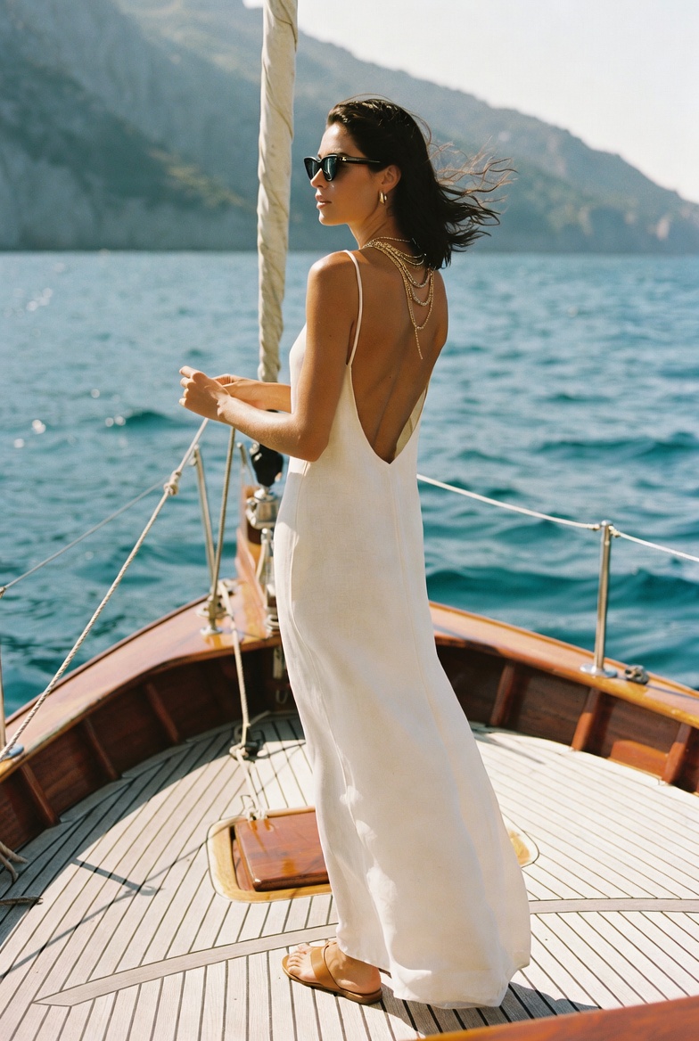 A woman in an ivory linen slip dress on a vintage wooden boat on the Amalfi Coast at morning