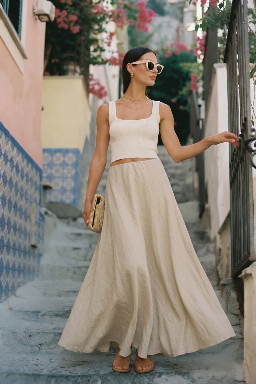 A woman in a flowing linen maxi skirt and fitted tank on the stepped streets of Positano