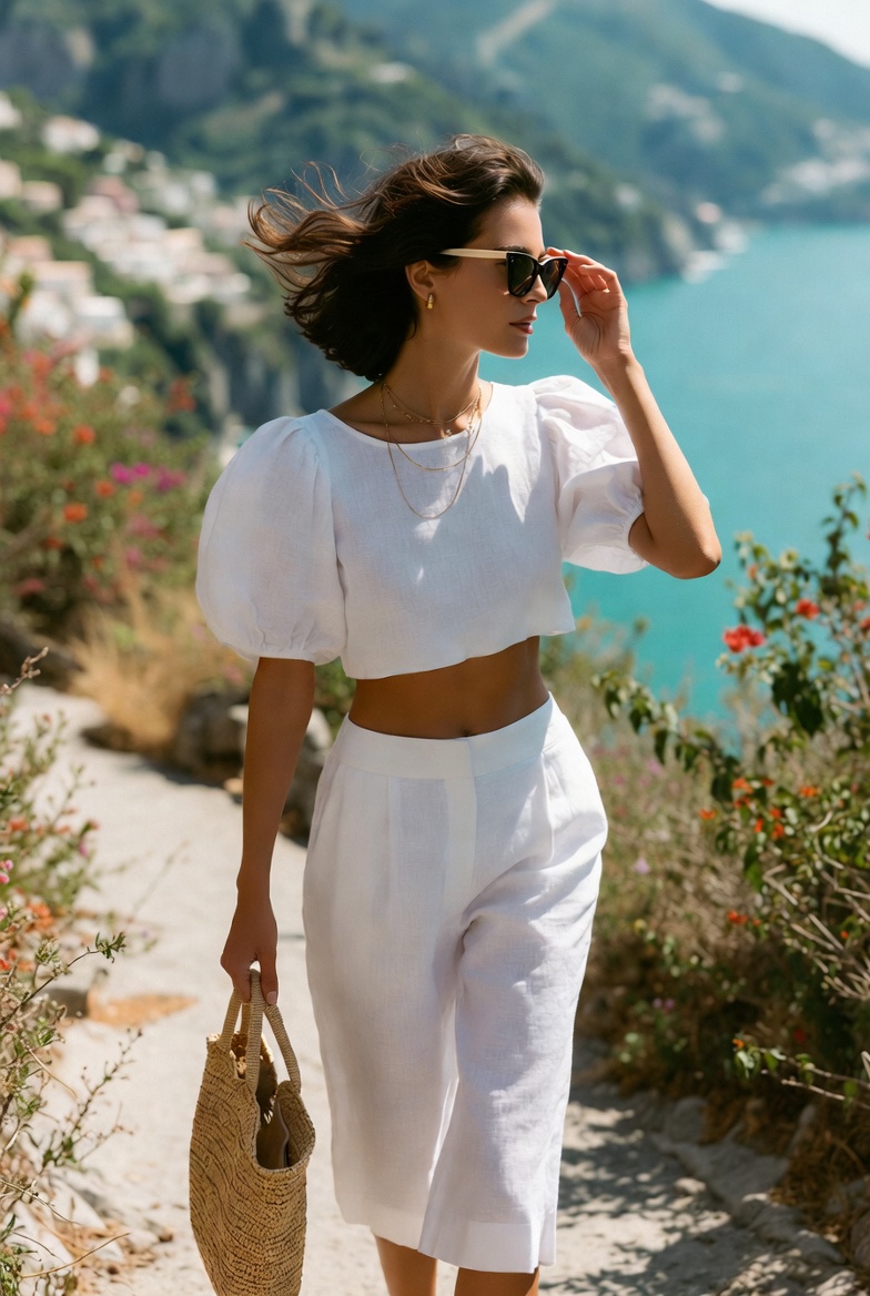A woman in white linen Capri trousers and a cropped puff-shoulder blouse on an Amalfi cliffside path