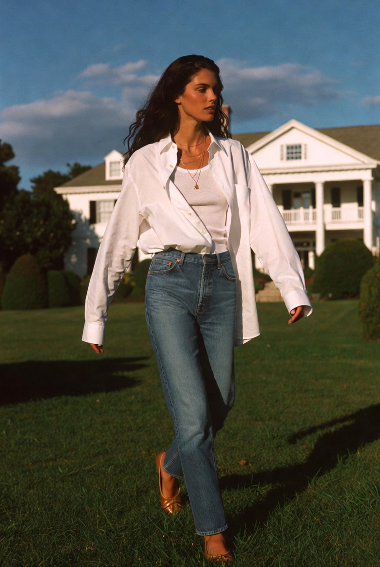 Classic Americana — a woman in a white Oxford and blue denim at a Hamptons mansion, ESVRA Most Wanted