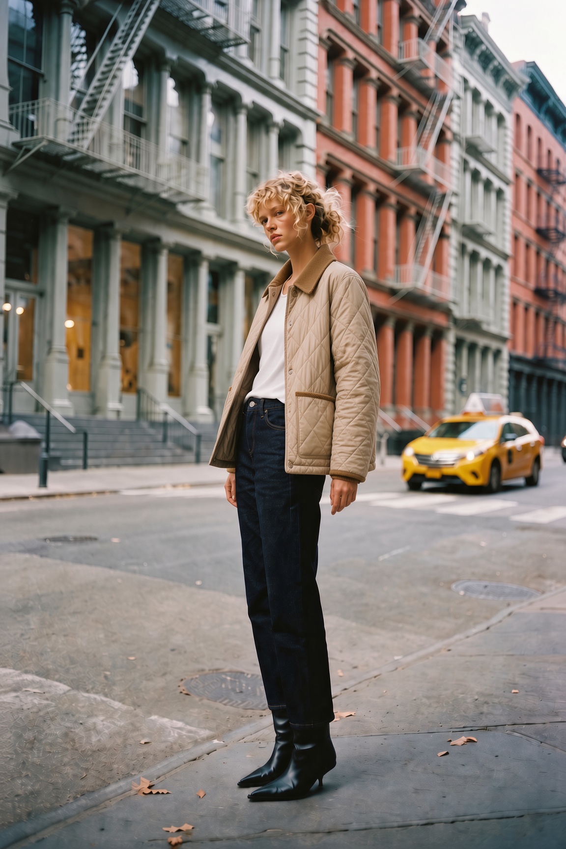 The Barn Jacket — a woman in an olive barn jacket, dark jeans and black heeled boots waiting for a taxi on a SoHo street in early autumn, the ESVRA Styling edit on the fall 2026 barn jacket
