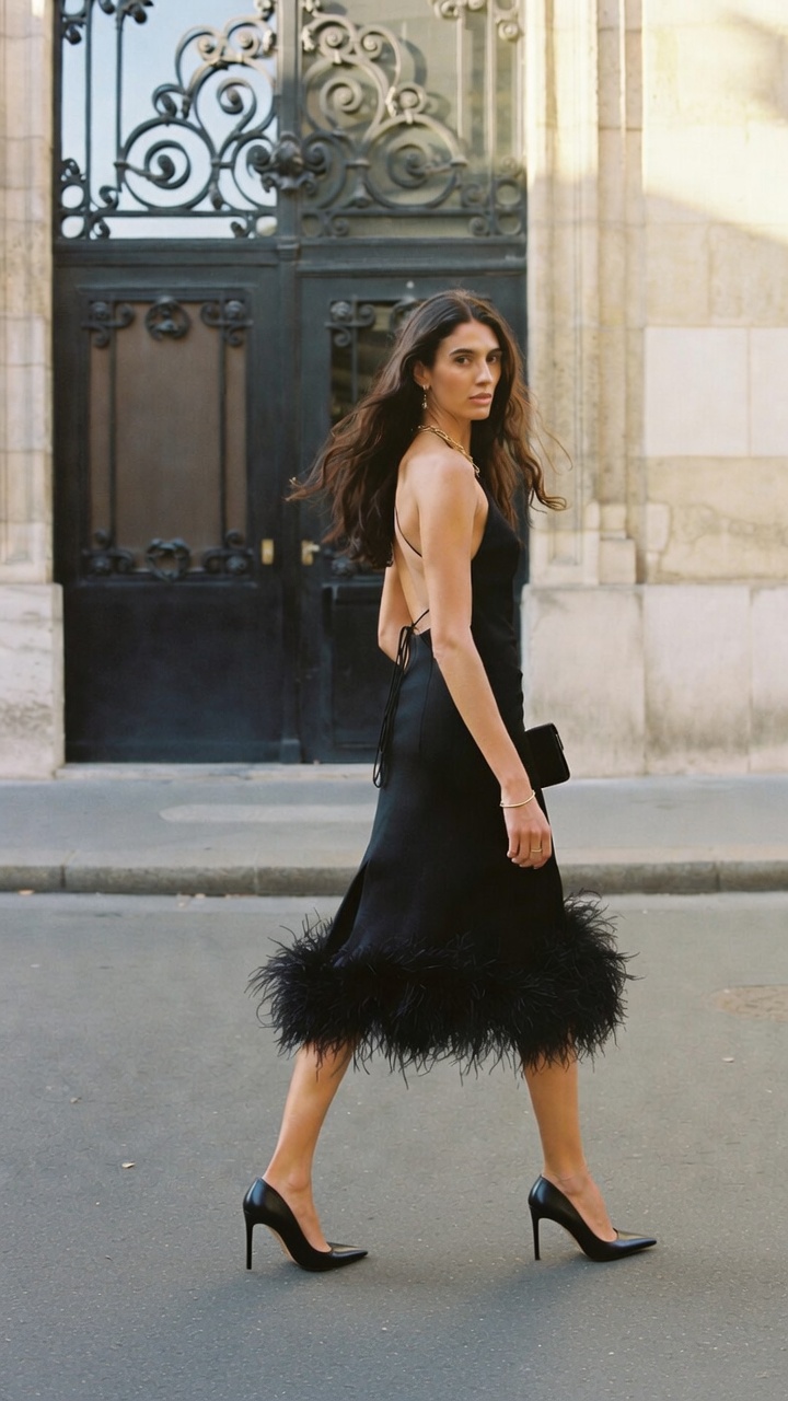 The Birthday Dress — a woman in a black feather-trim mini dress and high heels on a Parisian street, ESVRA Most Wanted