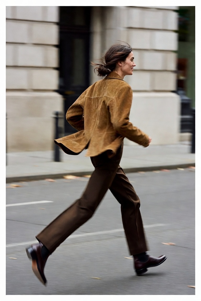 The Best Brown Pieces to Invest In This Fall — a woman in a tan suede jacket, chocolate wool trousers and brown leather boots on a city street in early autumn, the ESVRA Most Wanted edit on brown for fall 2026