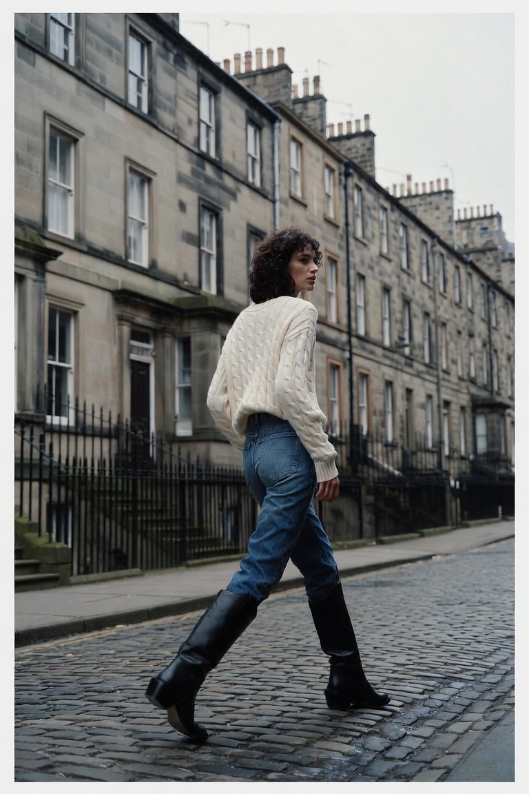 The Cable Knit — a tall slender model on a New York street in early autumn wearing a cream cable-knit sweater with straight-leg jeans and black ballet flats, the ESVRA Styling edit on the fall 2026 cable knit