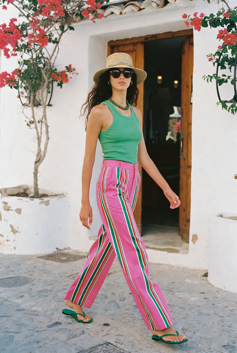 The Colourful Stripe — a woman in colourful striped trousers and a white tank on an Ibiza beachside street, ESVRA Most Wanted