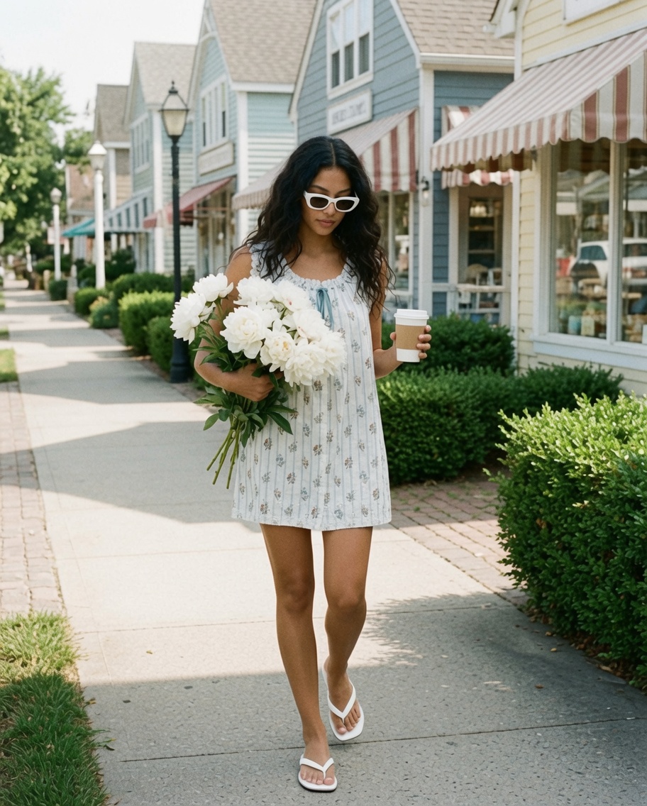What Cool Girls Are Wearing — a cool girl in a white sleep dress walking a Hamptons main street, ESVRA Most Wanted