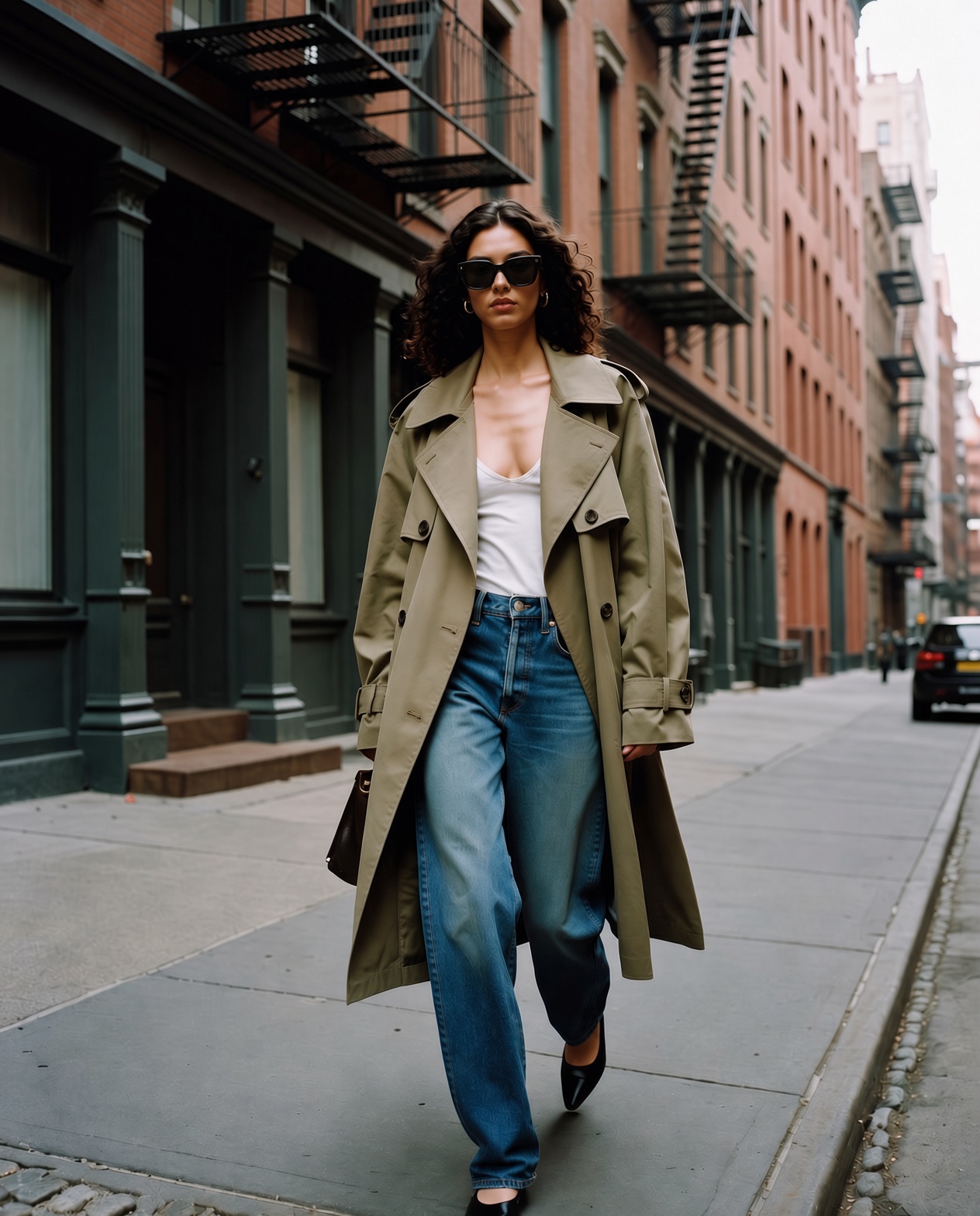 Effortless, Not Expensive — a beige trench worn open over baggy jeans on a Tribeca street, the ESVRA fall edit under $500