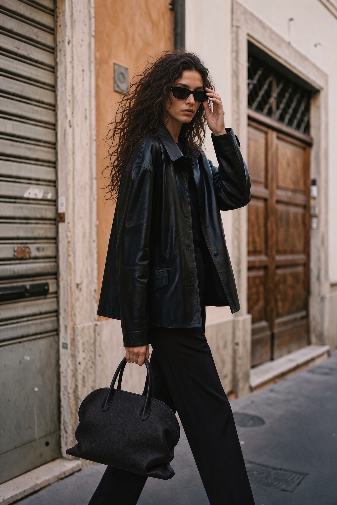 The Fall It Bags — a woman in a black leather jacket and knee-high boots holding a structured black top-handle bag on a street in Rome, the ESVRA Fashion edit on the fall 2026 handbag trends