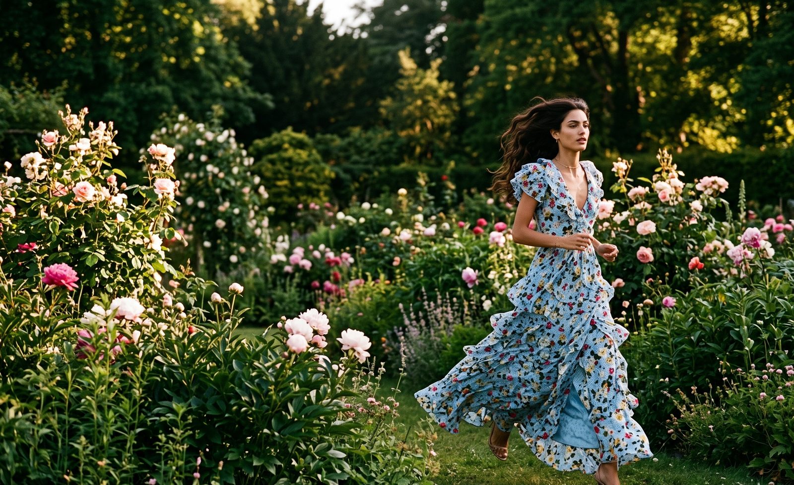 The Garden Party Edit — a model in a floral gown running through a blooming summer garden