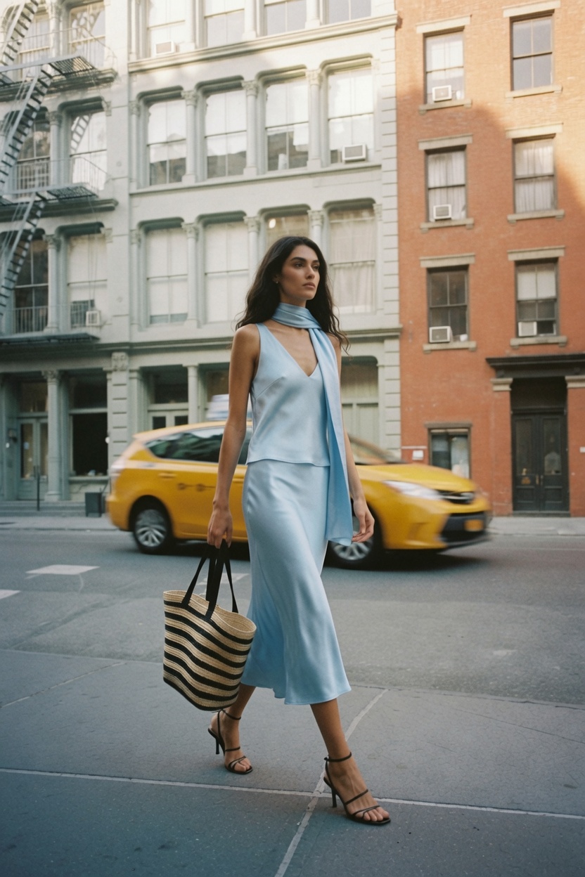 Icy Blue — a tall slender model on a New York street in late afternoon light wearing an icy blue satin halter top and matching bias-cut midi skirt, the ESVRA Styling edit on the 2026 cool blue colour trend