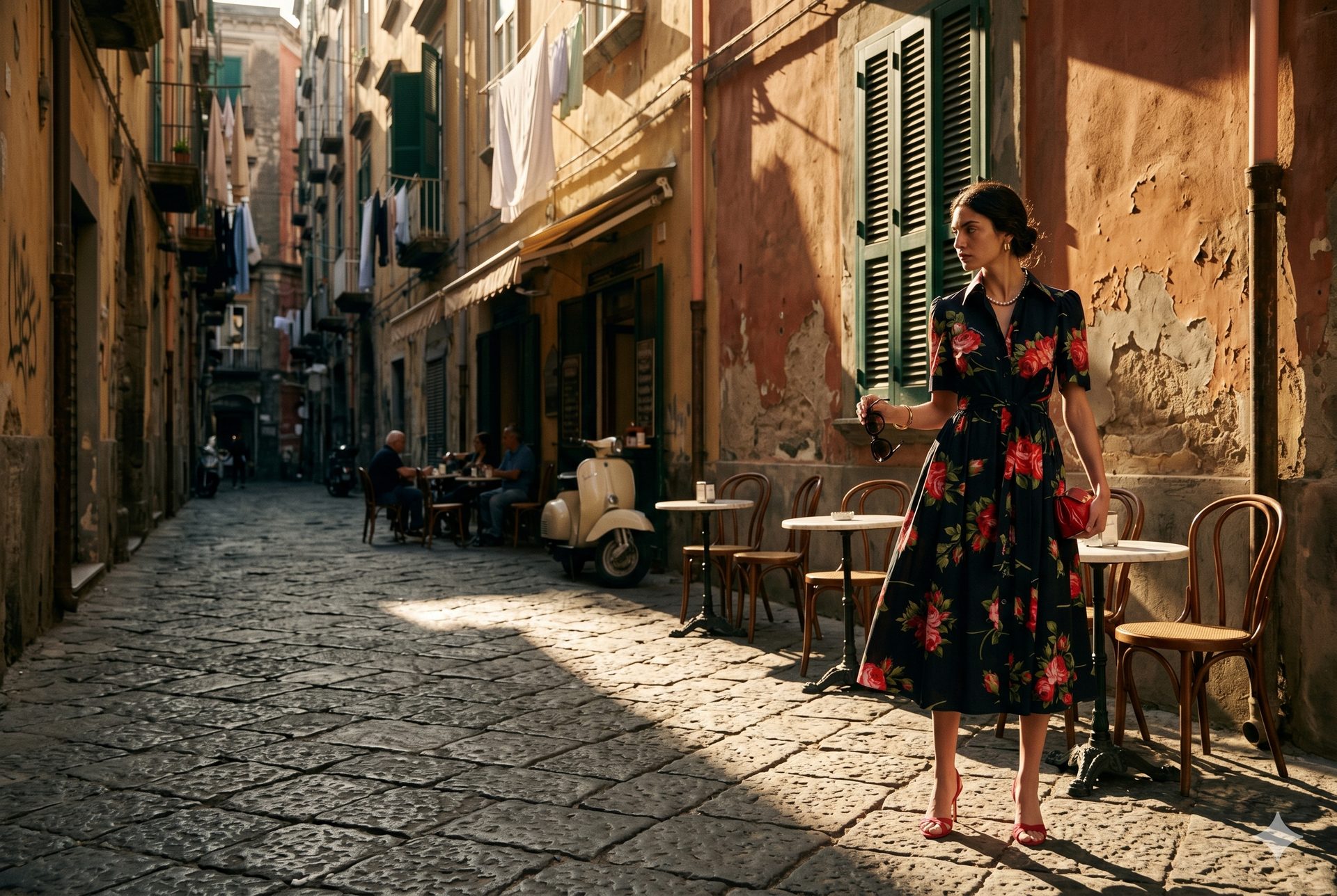 The Italian Signora — a dramatic Naples street café editorial, a woman in elegant Italian summer style
