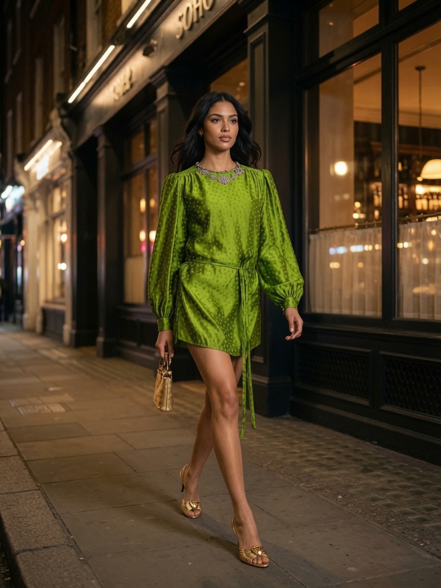 The Jewel Tone — a woman in an amethyst purple silk gown on a New York street at night, ESVRA Most Wanted