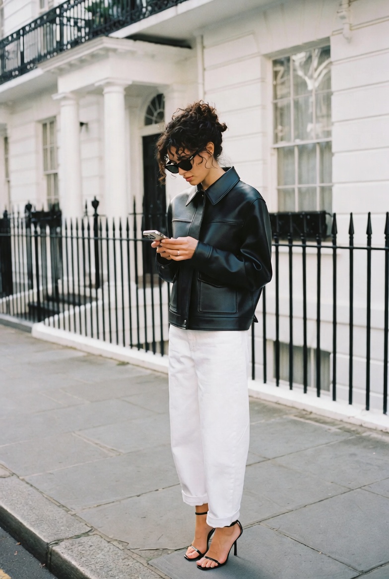 The Leather Jacket — a tall slender model on a city street in autumn light wearing a black leather biker jacket over a white t-shirt, the ESVRA Fashion edit on the evergreen leather jacket
