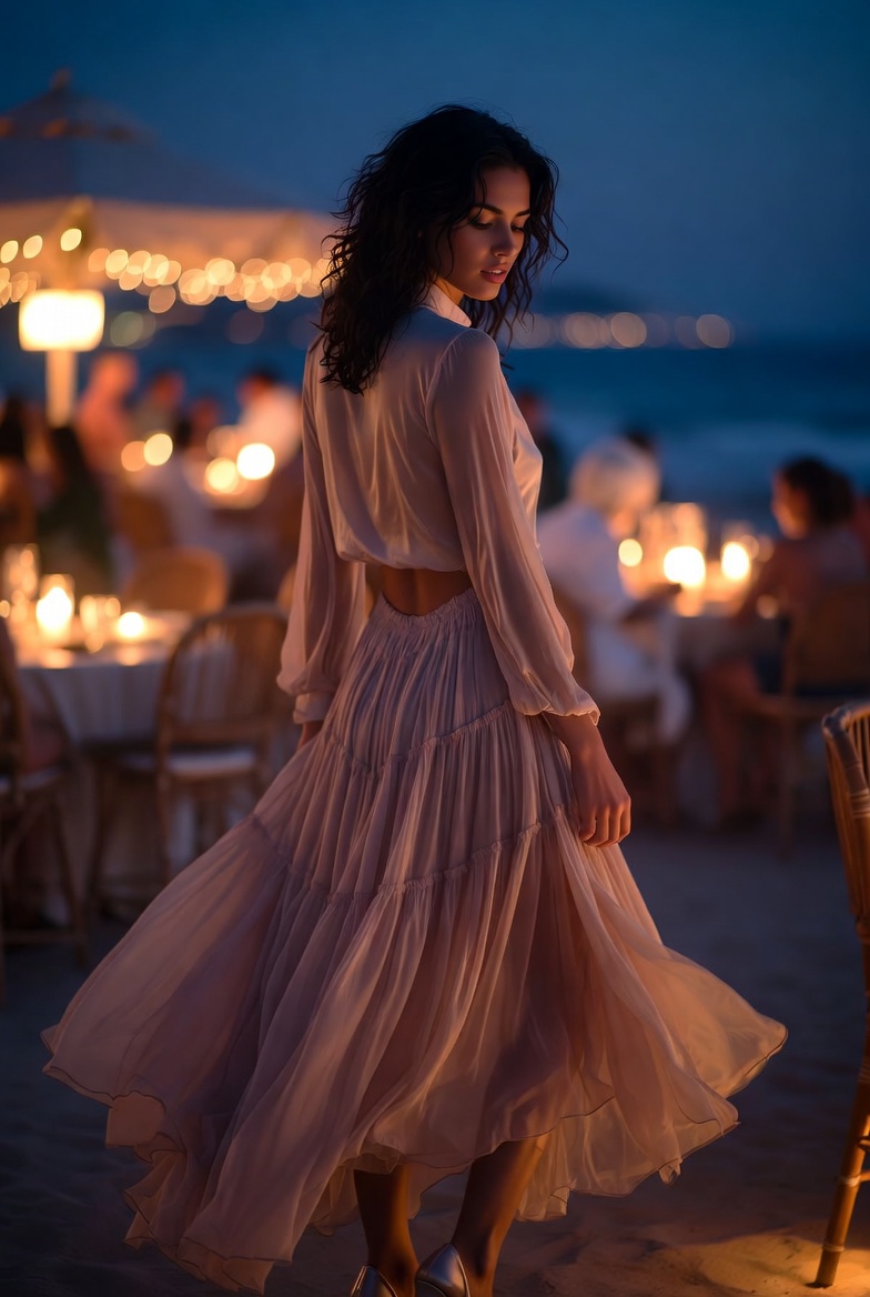 A woman in a dramatic voluminous ruffled maxi skirt at a beach club at night, ESVRA voluminous maxi edit