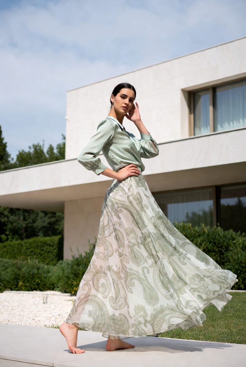 A woman in a voluminous paisley maxi skirt in the Mediterranean sun, ESVRA voluminous maxi edit
