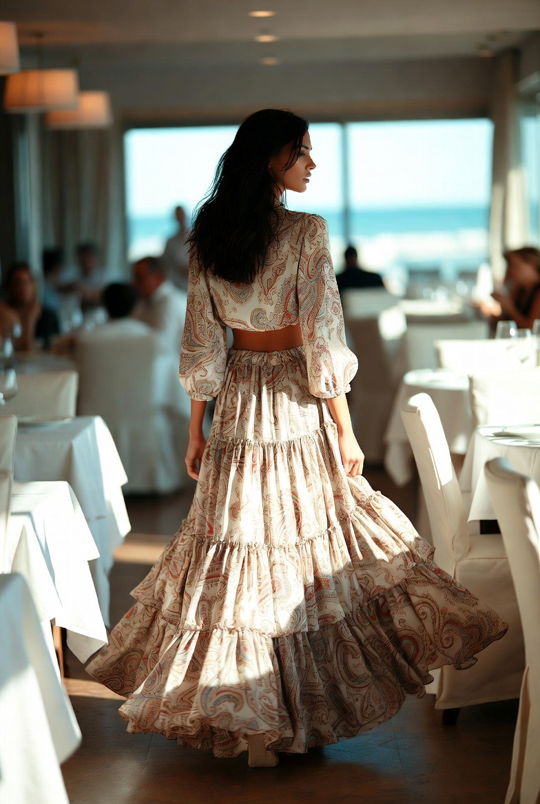 A woman in a paisley voluminous maxi skirt at a sunlit restaurant, ESVRA voluminous maxi edit