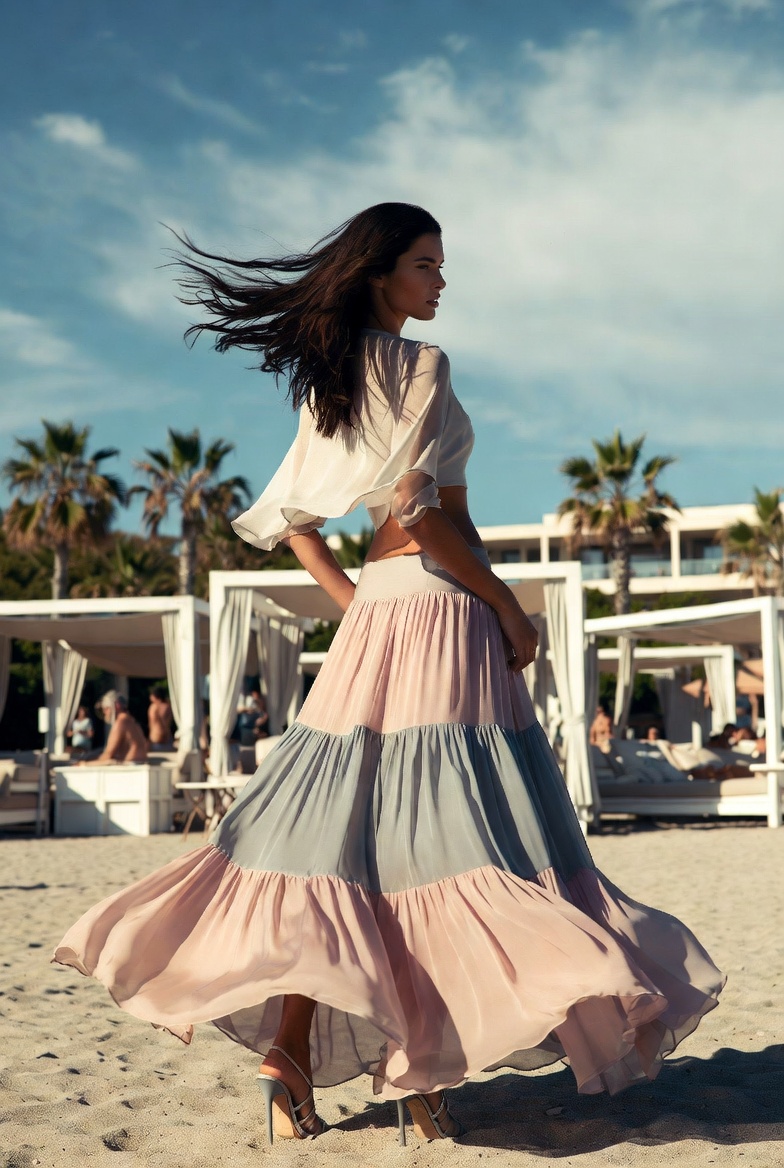 A woman in a full sculptural maxi skirt at a Mediterranean beach club, ESVRA voluminous maxi edit