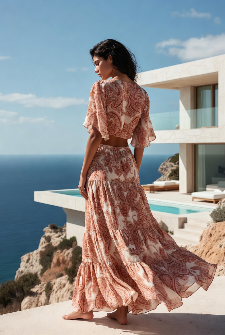 A woman in a printed and textured voluminous maxi skirt, ESVRA voluminous maxi edit