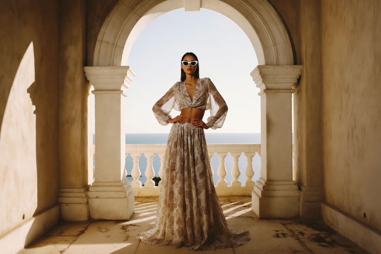 The Voluminous Maxi Skirt — a woman in a full, sweeping maxi skirt on a sun-bleached Mediterranean terrace, ESVRA edit