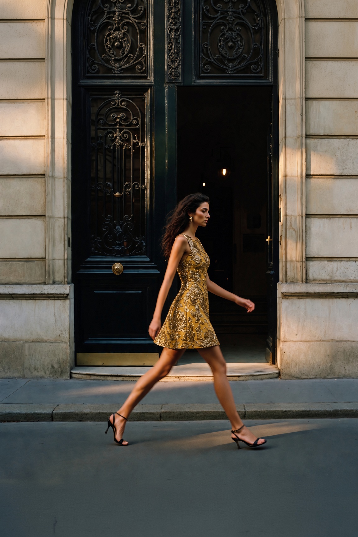 Modern Heirlooms — a gold metallic brocade mini dress worn with black heeled sandals on a Paris street, the ESVRA Most Wanted edit on the opulent fall 2026 trend