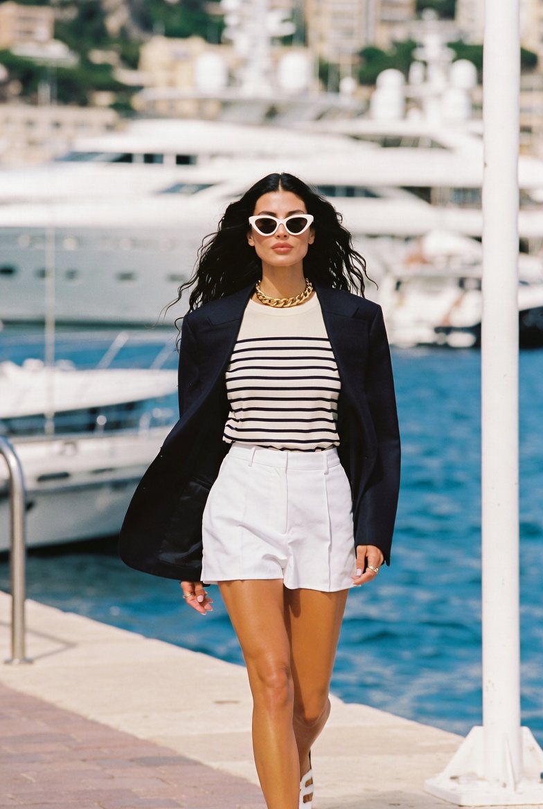 Nautical, Done Properly — a woman in a Breton stripe and white linen in Monaco, ESVRA Most Wanted