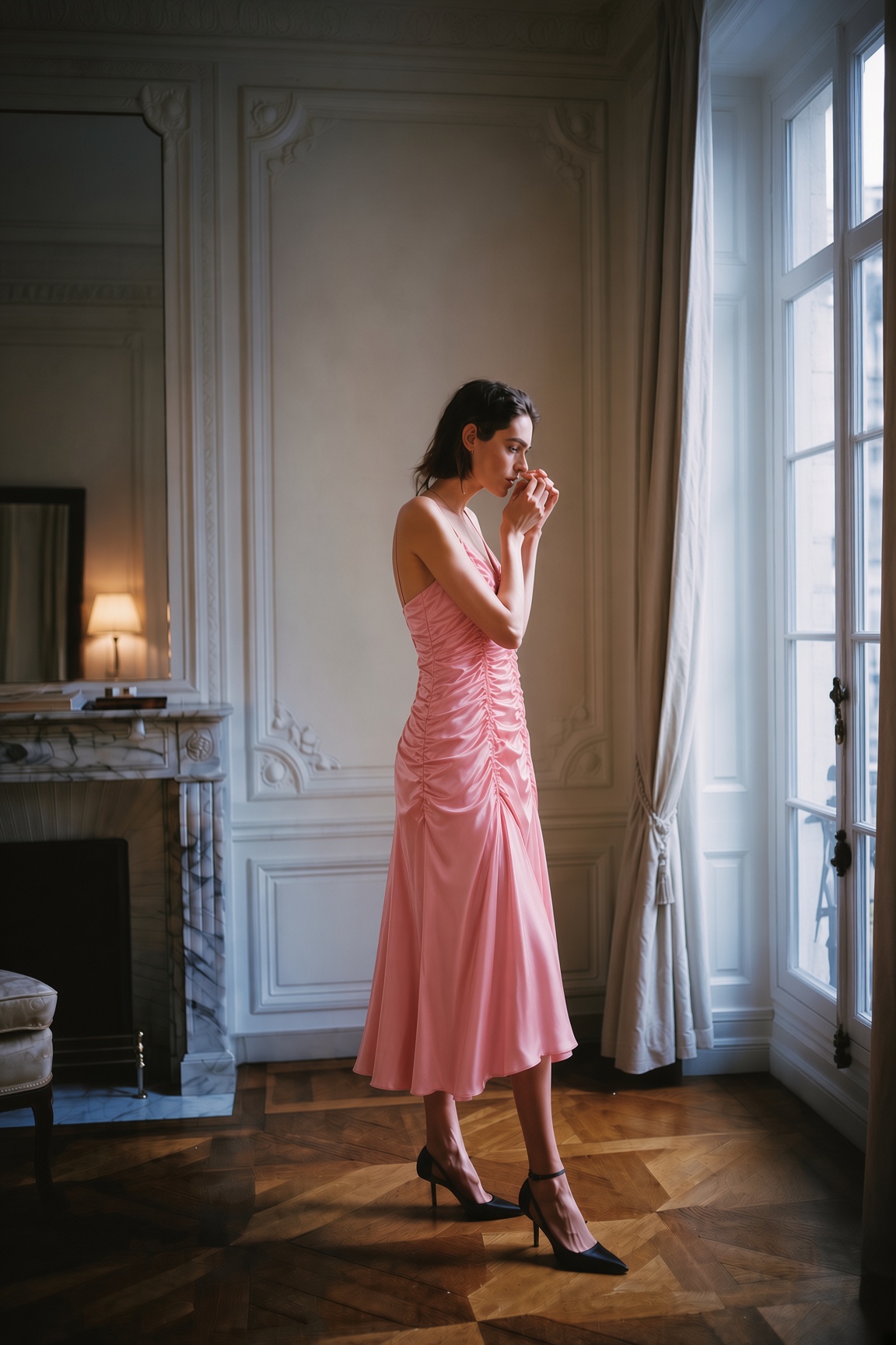 Night Moves — a woman in a black ruched silk dress with an asymmetric hem in a Paris hotel suite at dusk, the ESVRA Styling edit on the dark romance trend of Fall 2026