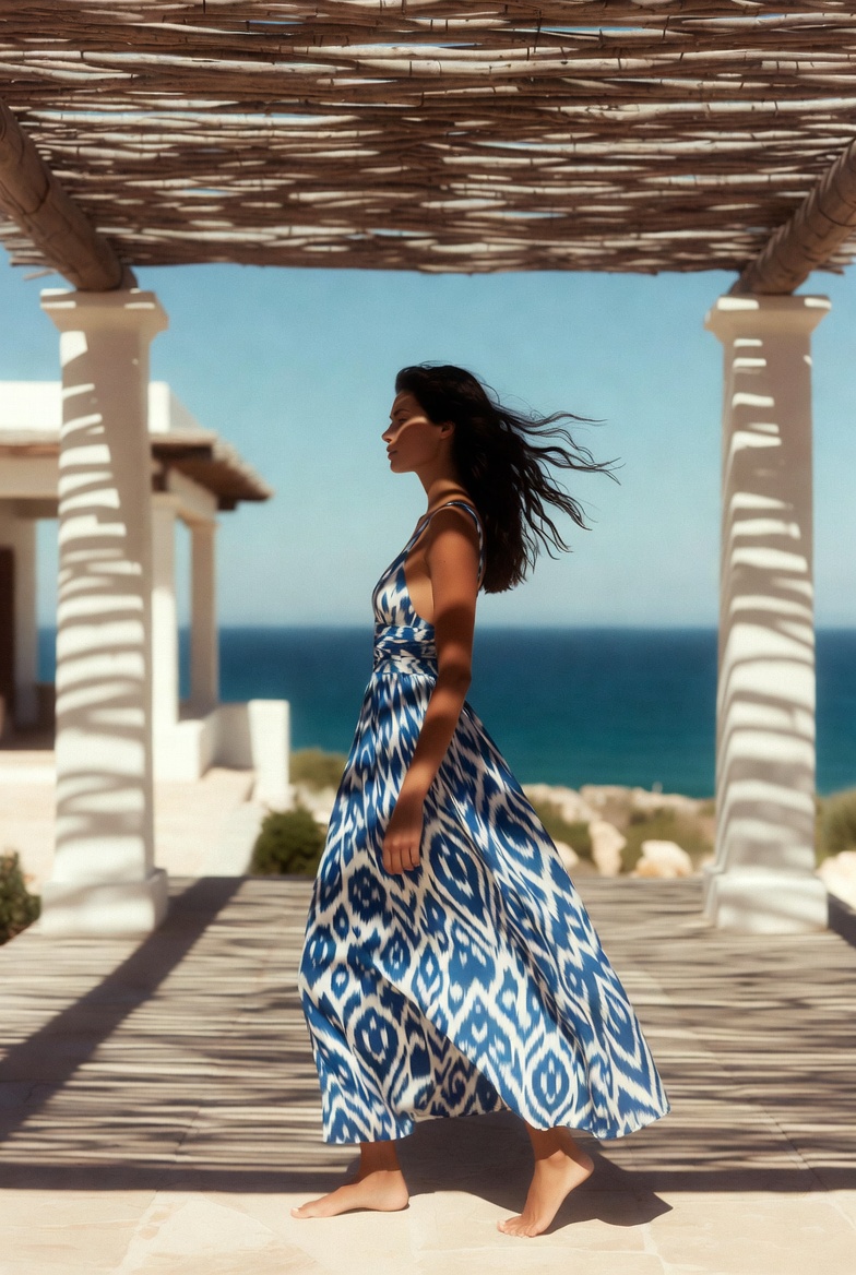 A woman in a long blue printed dress outdoors — ESVRA The Print Houses edit