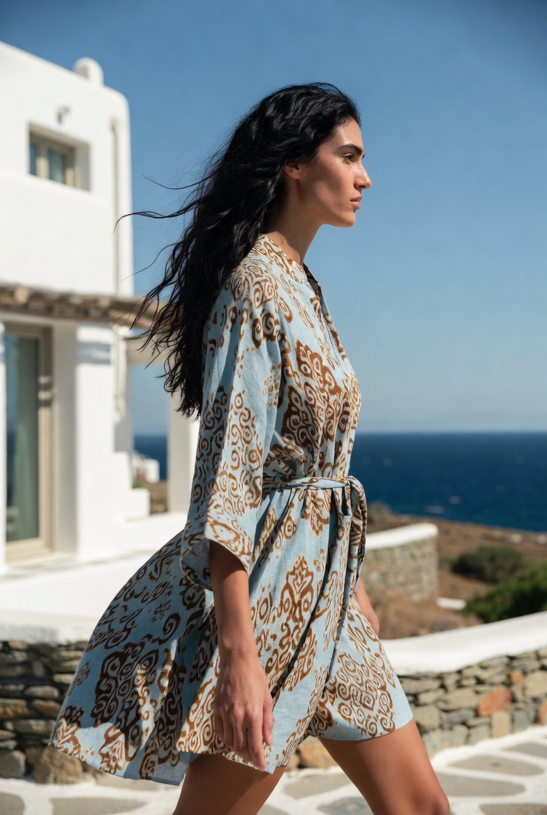 A woman in a blue printed mini dress by the pool — ESVRA The Print Houses edit