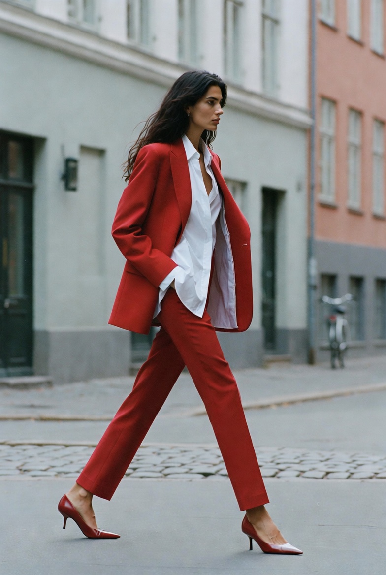 Red Rules — a tall slender model on a Copenhagen street in early autumn wearing a tailored red suit with a white shirt and red heels, the ESVRA Fashion edit on the Fall 2026 red colour trend