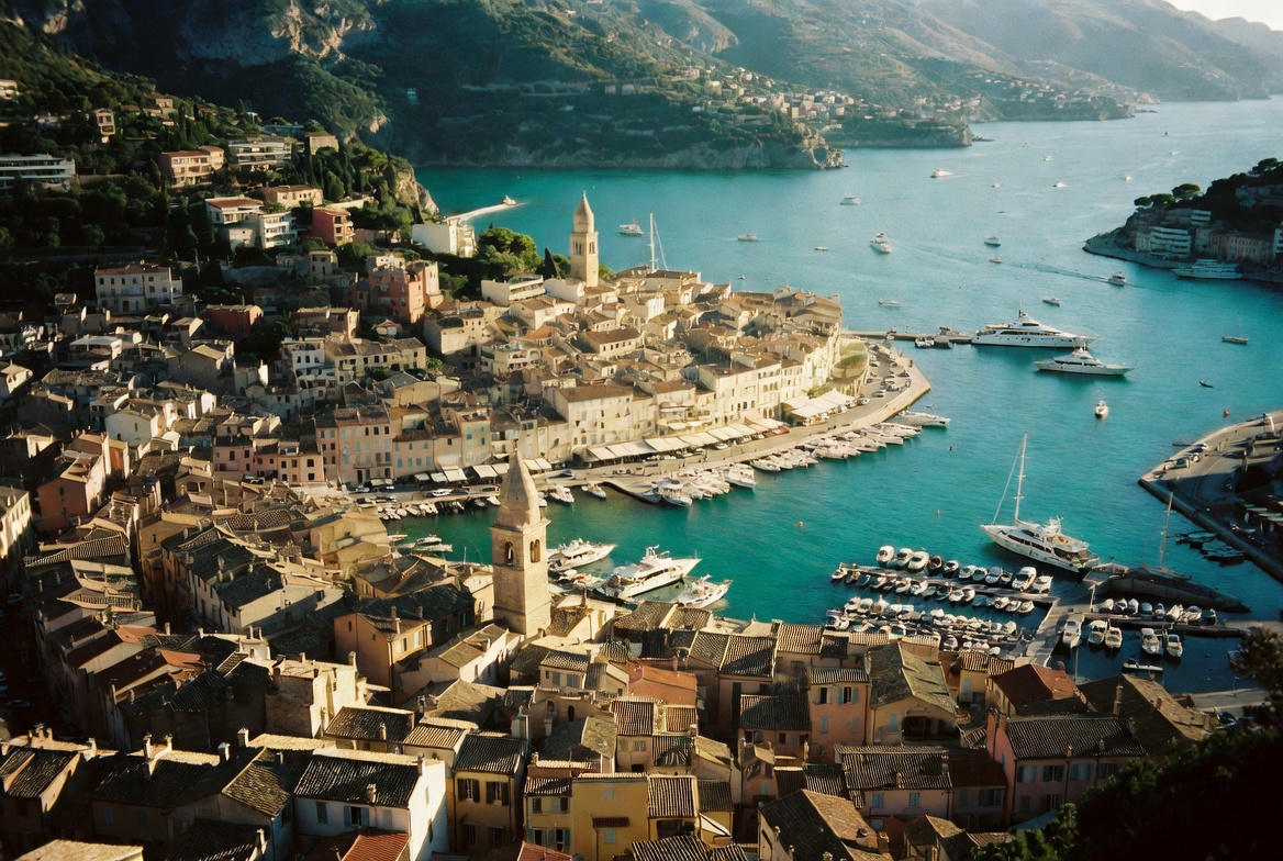 Saint-Tropez — aerial view of the old port and old town on the French Riviera