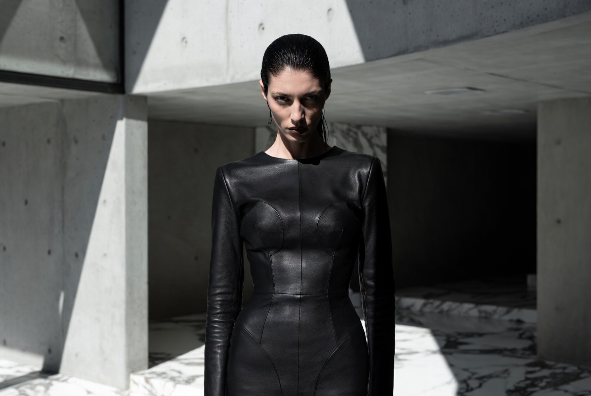 Fashion's Affair With Allure — a woman in a black leather dress at an ultramodern Nordic villa, ESVRA