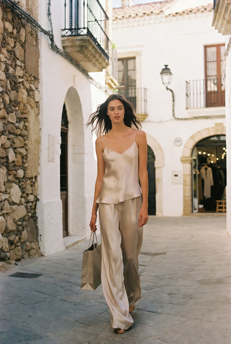 A woman in a luxurious silk wide-leg trouser on a finca terrace, ESVRA Liquid Silk investment edit