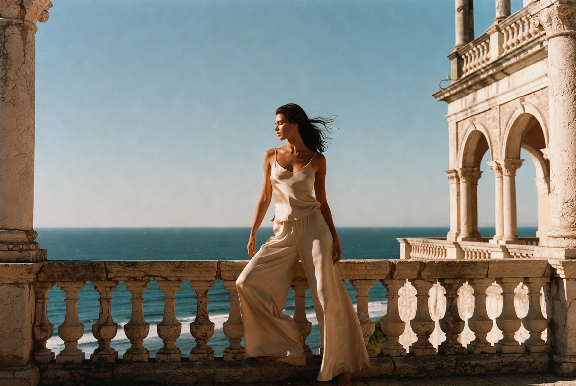 Liquid Silk — a woman in lustrous white wide-leg silk trousers on a sun-bleached Mediterranean terrace, ESVRA summer 2026 silk edit