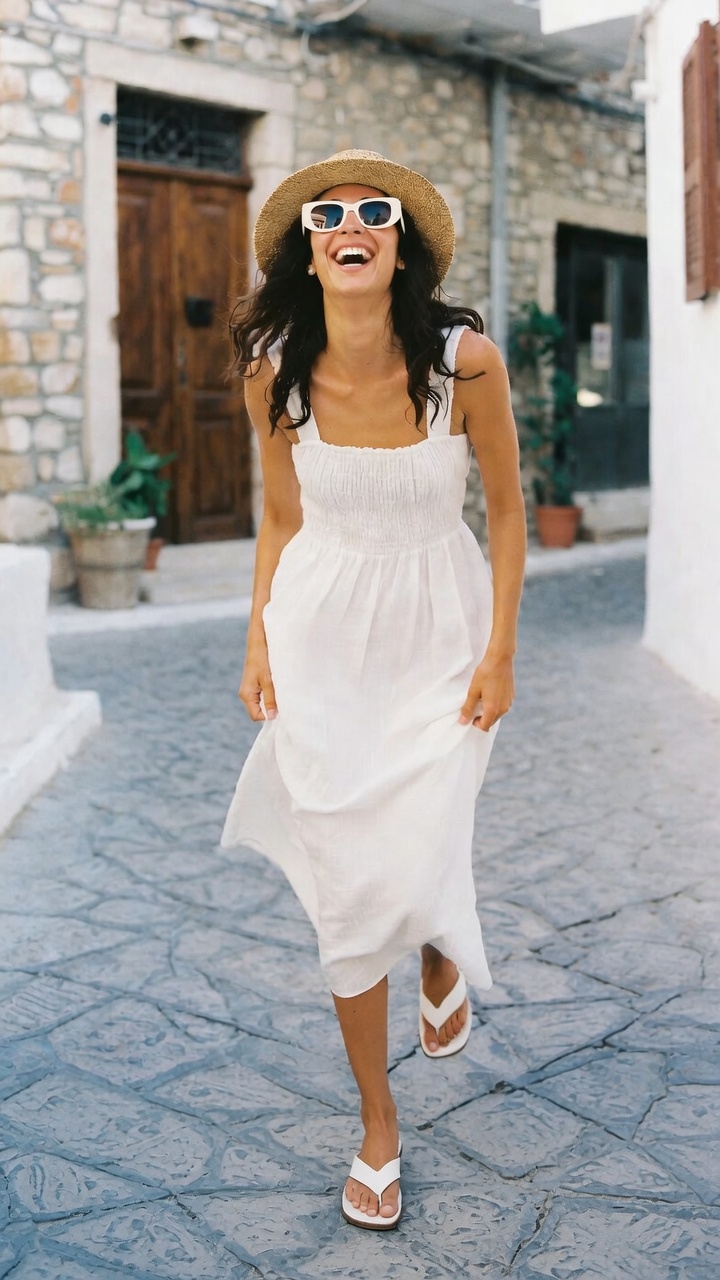 The Only Summer Dresses You Need — a woman in a white eyelet dress walking a Crete old-town street, ESVRA Most Wanted
