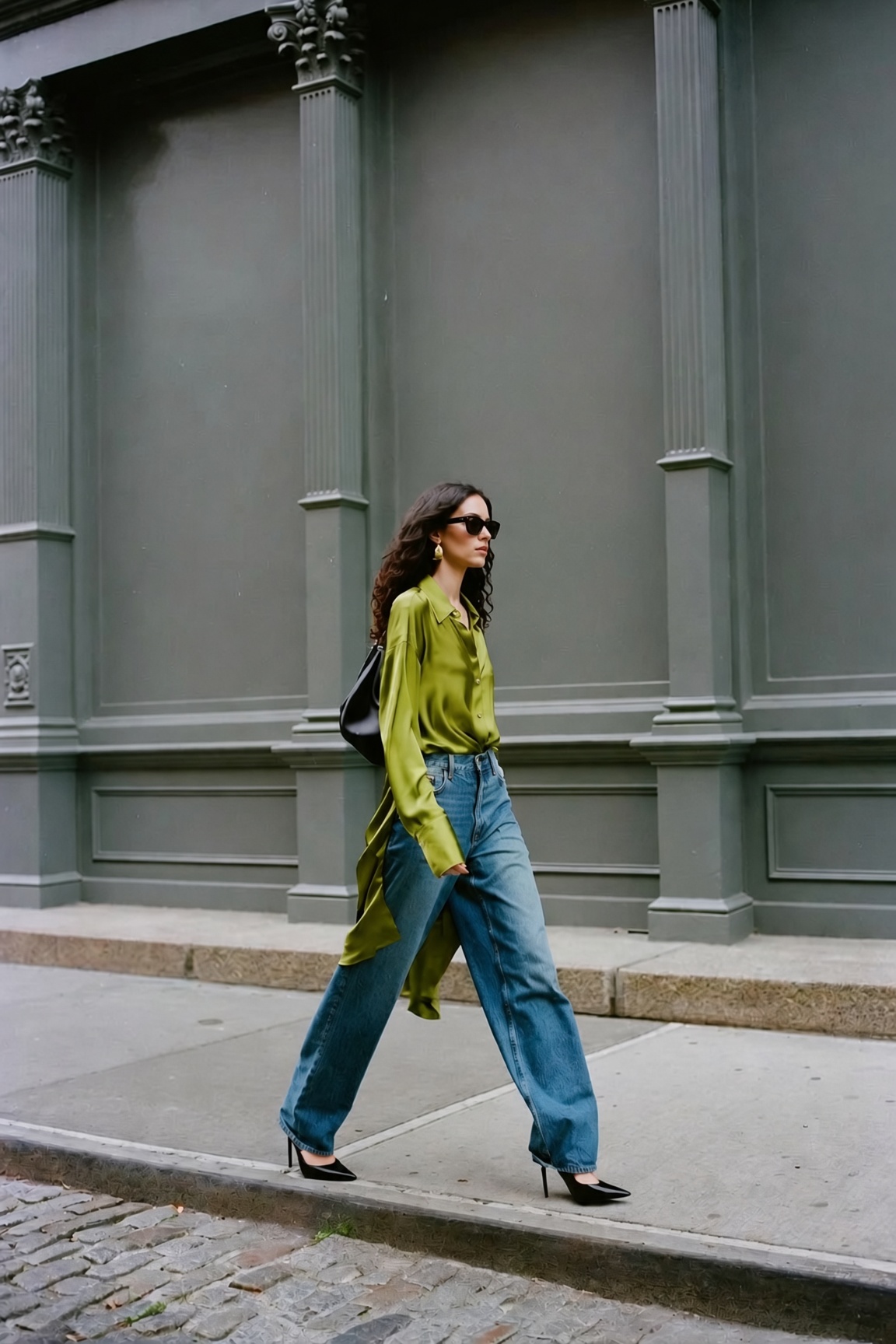 The Acidic Hues — a chartreuse silk shirt worn with baggy jeans and black stiletto heels on a SoHo street, the ESVRA styling edit on the fall 2026 acid colour trend