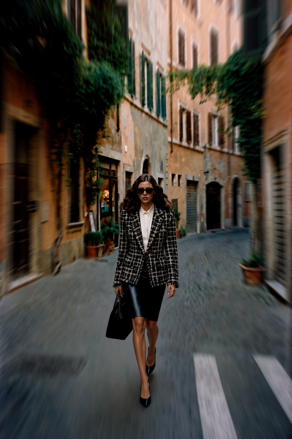 The New Tweed — a black and white tweed blazer worn with a black leather pencil skirt, the ESVRA fashion edit on the fall 2026 tweed trend