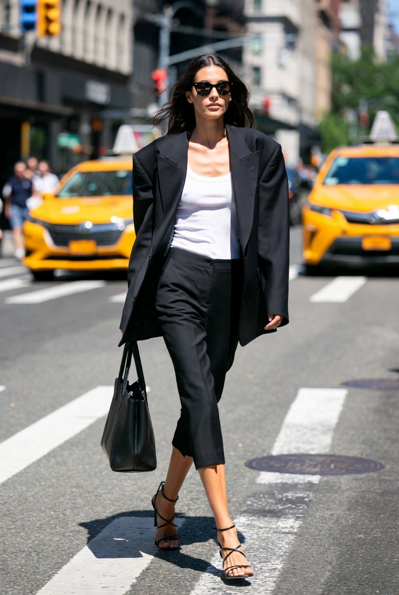 A chic woman in black capri pants and heels