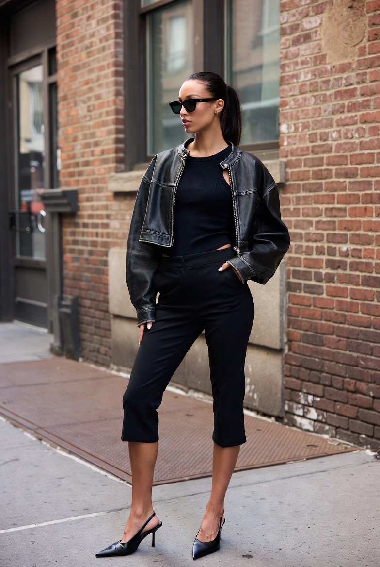 A woman in cropped capri pants on the street