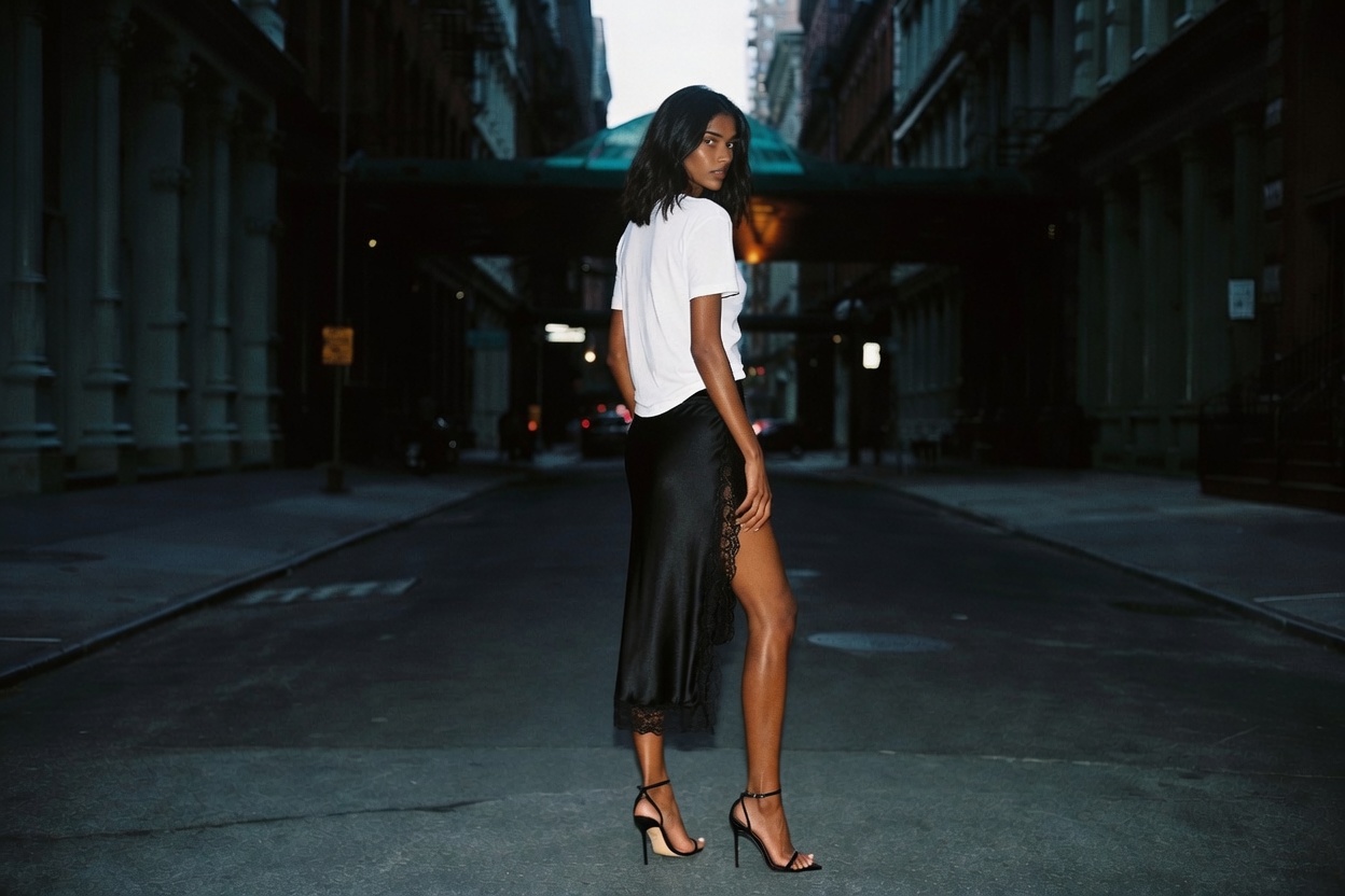 A woman in a lace-trim silk slip skirt and a plain white tee with strappy sandals, lingerie as outerwear by day