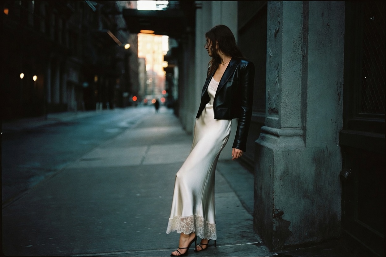 A woman in a lace-trim silk slip gown under a cropped leather jacket with heels, leaning against a wall at dusk