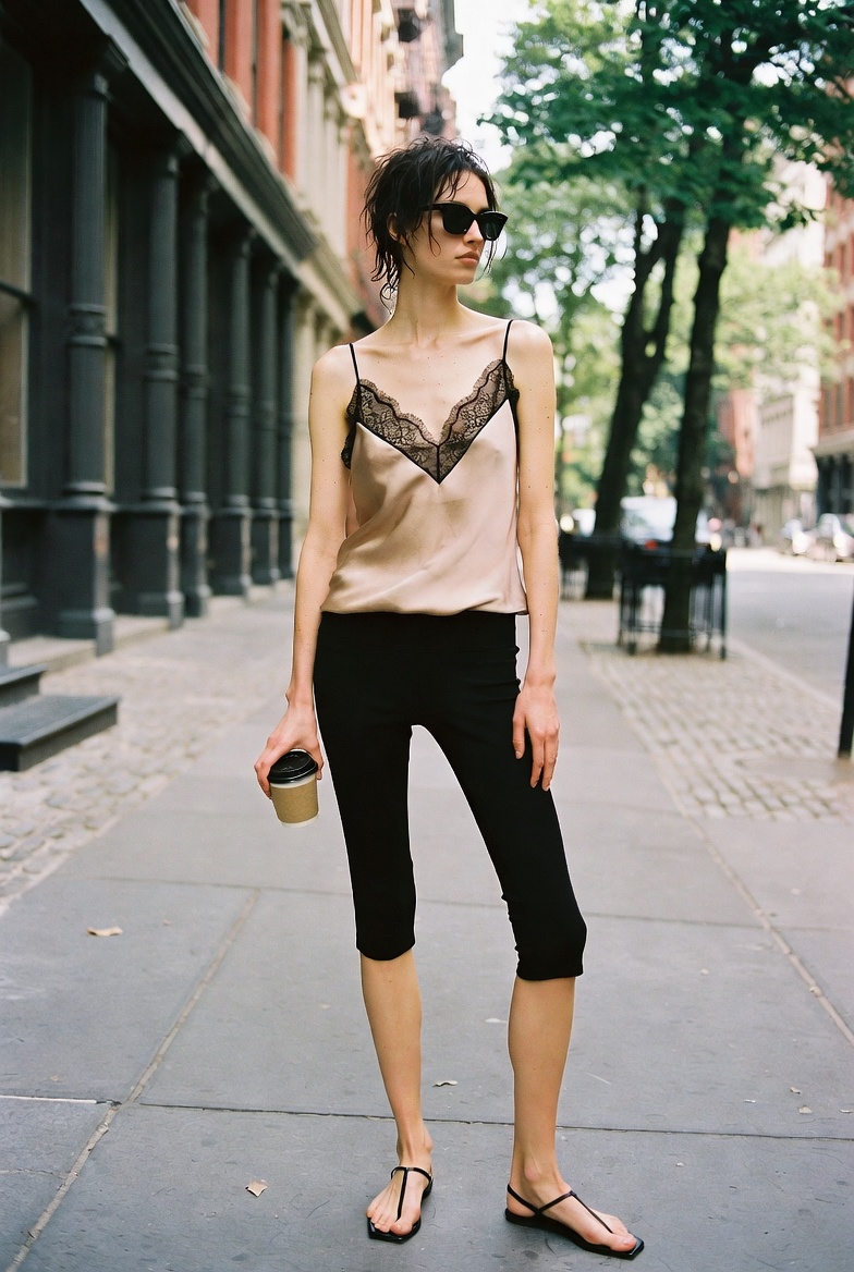 A woman in a silk-lace camisole and black stretch capri pants with flat sandals and sunglasses, black and white, on a SoHo street