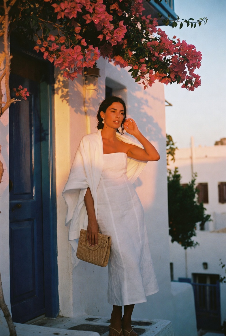 A woman in structured white linen against a blue door and bougainvillea at golden hour