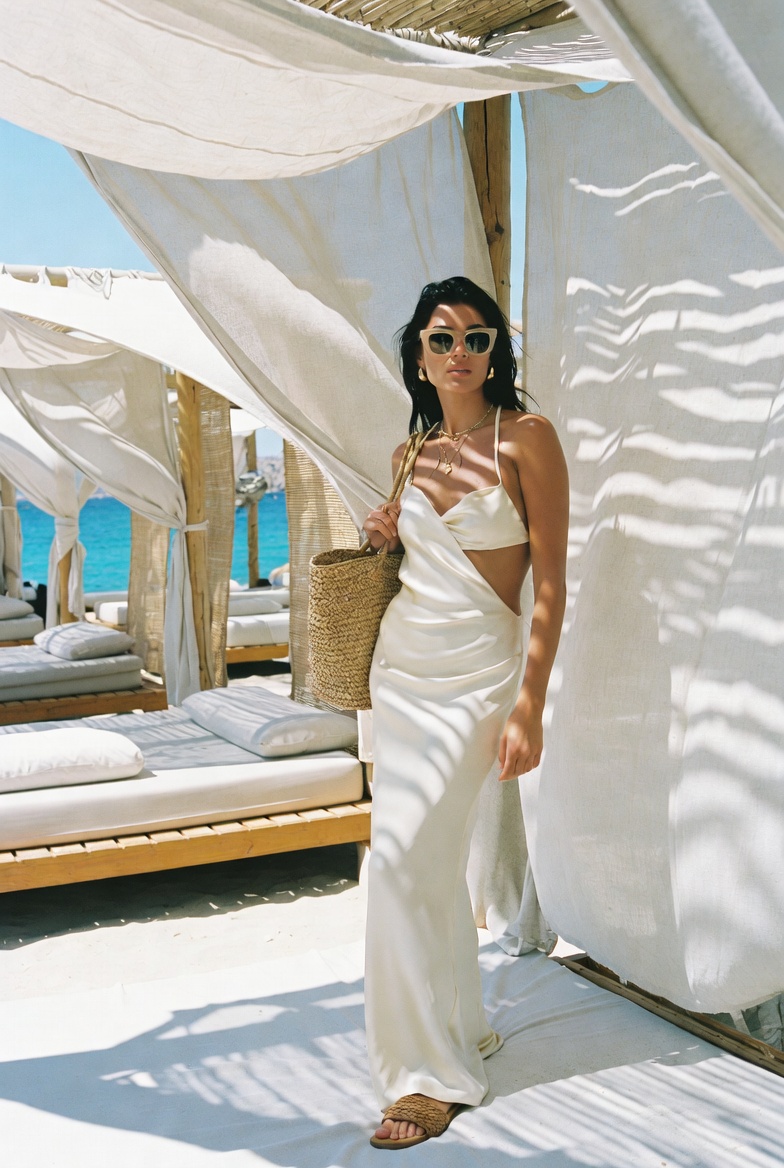A woman in refined white tailoring and heels at a fashionable Mykonos restaurant