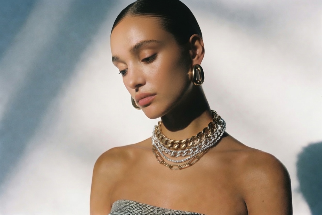 A model wearing fine investment gold and diamond necklaces