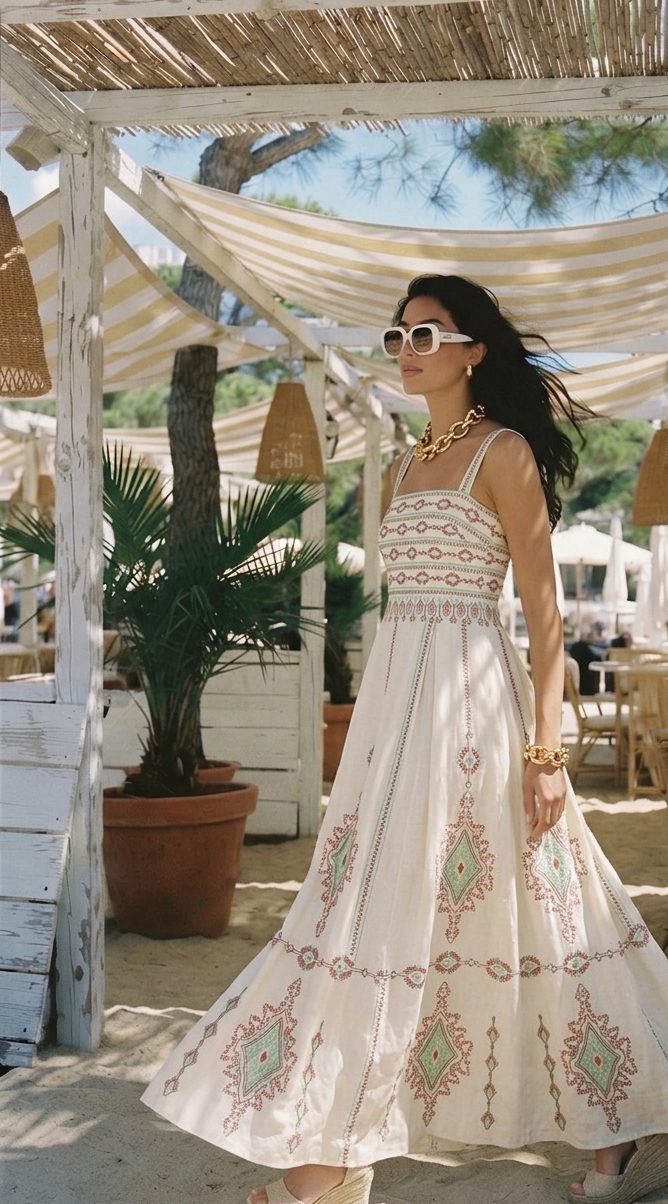 A woman in an embroidered white maxi dress and chunky gold jewellery walking through a striped French Riviera beach club