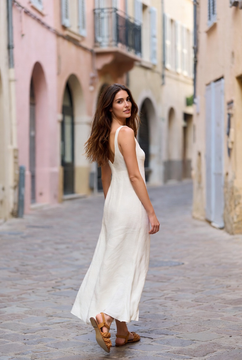 A woman in ivory linen wearing flat tan leather sandals on a Saint-Tropez street